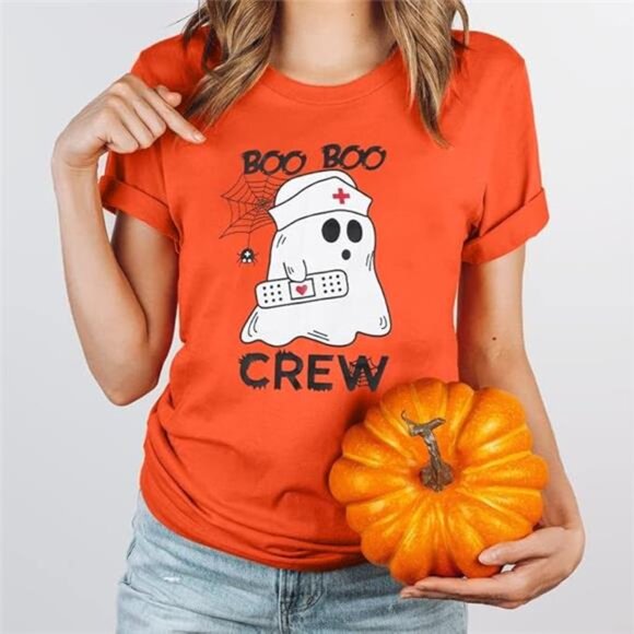 NWT Halloween Nurses T-Shirt Boo Boo Crew, Funny Ghost Nurse Shirt Crew Neck Tee - Picture 3 of 3